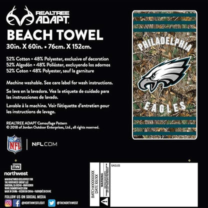 Northwest NFL Philadelphia Eagles Unisex-Adult Beach Towel, 30" x 60", Realtree Camo Stripes