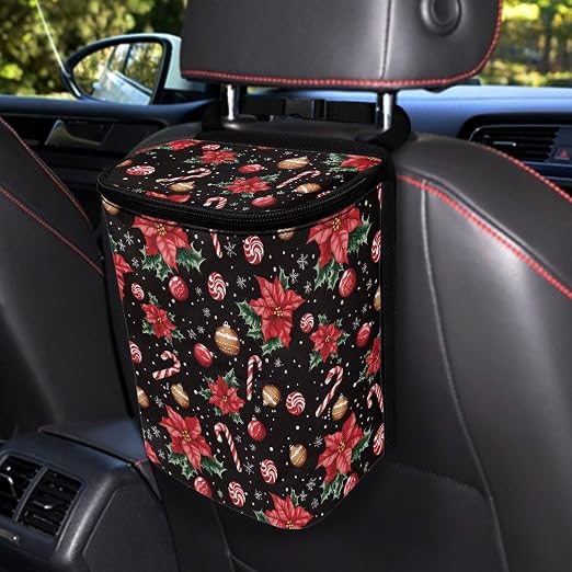 Poinsettia Flower Candy Cane Pattern Car Trash Can Leakproof Garbage Bag with Lid and Zipper 1.2Gal Trash Bin Hanging for Back Seat Christmas Car Decor