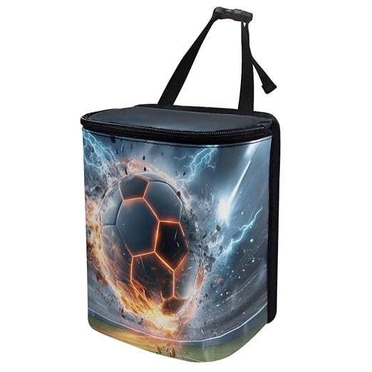 Talayituse Soccer Ball Lightning Print Car Trash Can with Lid, Leak Proof Auto Trash Bag Hanging Vehicle Garbage Can Multipurpose Storage Container for Back Seat Road Trip