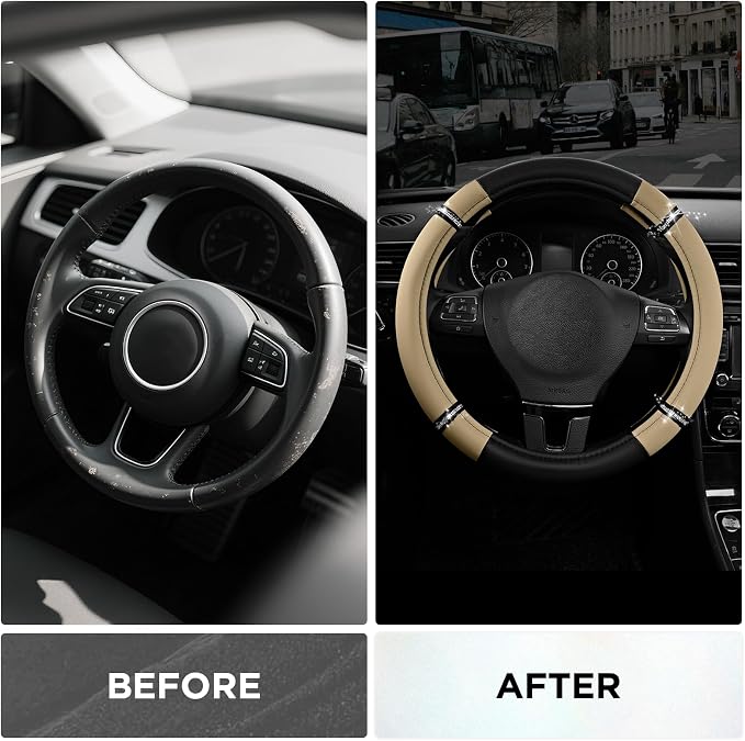 Road Comfort Leather Steering Wheel Cover – Premium Anti-Slip Car Steering Wheel Grip Cover – Universal Fit for 14.5”–15” Cars, Trucks & SUVs - Beige