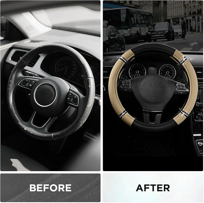Road Comfort Leather Steering Wheel Cover – Premium Anti-Slip Car Steering Wheel Grip Cover – Universal Fit for 14.5”–15” Cars, Trucks & SUVs - Beige