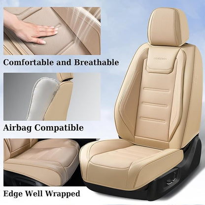 Coverado Car Seat Covers Full Set, Waterproof Car Seat Protector, Leather Seat Cushion, Universal Car Interior Covers Seat Protectors for Most Cars Beige