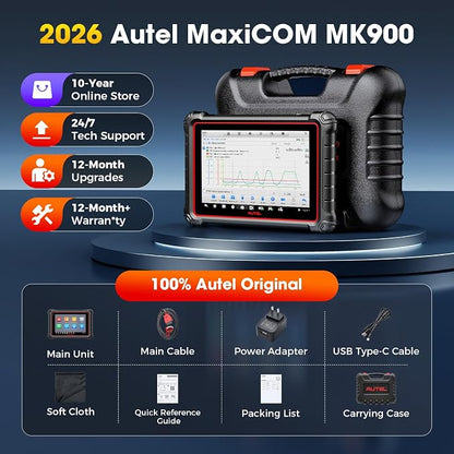 Autel MaxiCOM MK900 Bidirectional Scanner: 2026 Up of MaxiCheck MX808S MK808S, Work as MK900-BT MK900BT MX900 OBD2 Diagnostic Tool w/ 3000+ Active Test, 40+ Service, CAN-FD&DOIP, All System, FCA 11 OS