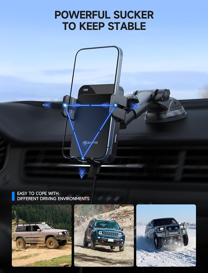 MOKPR Wireless Car Charger, 15W Auto Clamping Car Charger Dash Windshield Air Vent Phone Holder Compatible with iPhone 16 15 14/13/13 Pro/12 pro/12/11/X/8, Samsung S24/S23/S22