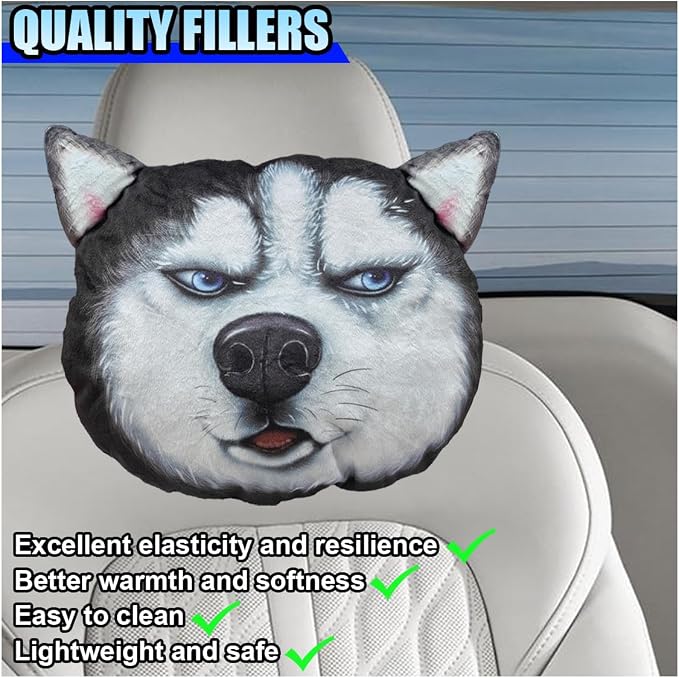 Cute Husky Dog Car Headrest Pillow- Memory Foam Car Neck Pillow Auto Seat Cushion of Headrests for Pain Pressure Relief- Cartoon Neck Support Cushion with Adjustable Strap for Most Cars (Husky)