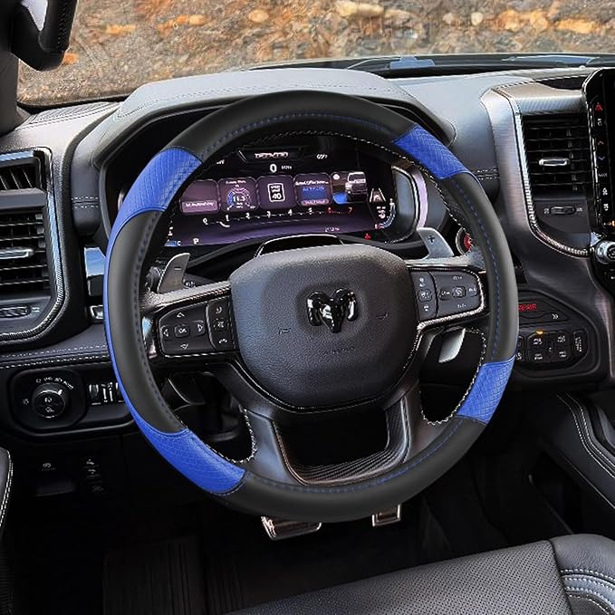 Steering Wheel Cover for Dodge RAM 1500, 2500, 3500 - Premium Microfiber Leather Auto Car Accessory with Non-Slip Grip, Rugged Durability & Interior Upgrade, 15.5-16 inch (Blue-Large Size)
