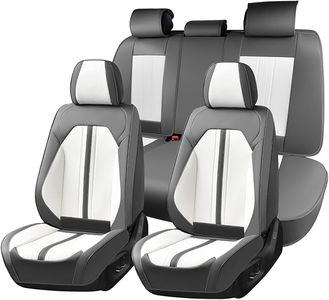 Huidasource Automotive Seat Covers, Luxury Faux Leather Seat Covers Leather, Velcro Adjustable, with Airbags, Child Seat, Cooling＆Heating, Universal Fit for Most Cars, Vans, Trucks, SUVs, Gray＆White