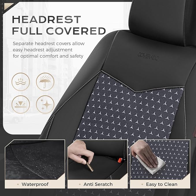 Coverado Car Seat Covers 5 Seats, PU Leather Seat Covers Fullset, Printed Breathable Mesh Design, Front and Rear Car Seat Protectors, Luxury Automotive Seat Covers Universal Fit for Most Cars, Black