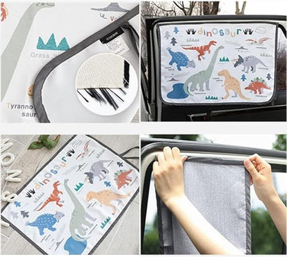 Magnetic Car Sun Shade Curtain for Side Window – Sun Blocker and UV Protector for Baby, Kids, and Pets – Universal Fit with Built-in Magnets for Steel-Framed Door (Dinosaur)