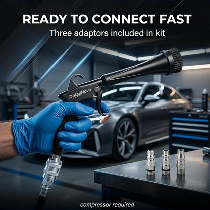 Air Blow Gun for Car Detailing - Durable Tornado Air Gun with Brush Nozzle, Storage Bag, 3 Compressor Adaptors & Microfiber Towel - Requires Compressor, Easy to Set Up