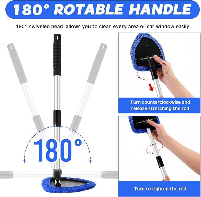 Baderke 10 Pcs Windshield Cleaner Tool Car Window Cleaning Supplies with Extendable Handle Include 6 Washable Microfiber Bonnets 2 Empty 60ml Spray Bottle Glass Wiper Kit(Royal Blue)