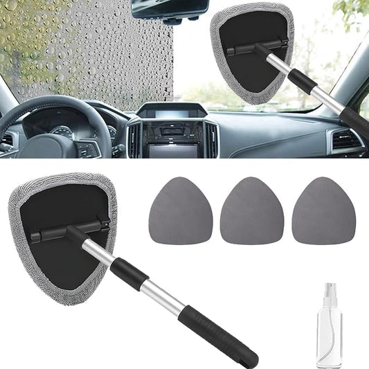 Windshield Cleaning Tool, Car Window Cleaner with Extendable Handle, 4 Microfiber Pads and Spray Bottle, Auto Interior Exterior Glass Wiper Cleaning Kit Universal for RV, SUV, Truck (Gray)