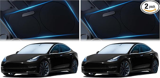 Magnelex Tesla Windshield Sun Shade (Model 3/Y), Reflective Polyester Blocks Heat & Sun, Foldable Car Window Sun Blocker, Mirror Cut-Out, Fade-Resistant Sunshade, Tesla 3 Accessories (Pack of 2)