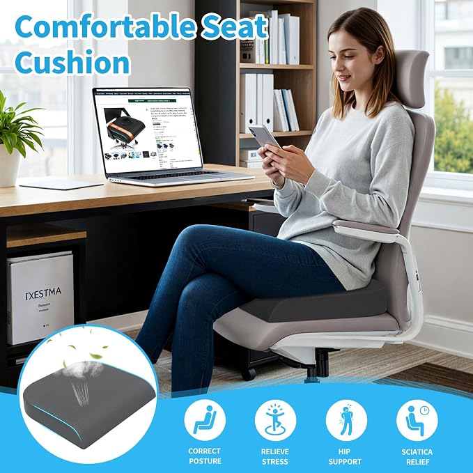 TranquilRelax 2XL Seat Cushion, Memory Foam Cushion for Long Sitting Hours on Office Chair, Car Seat, Non-Slip Chair Pad for Sciatica, Coccyx, Tailbone Pain Relief & Post-Surgery Recovery (Grey)