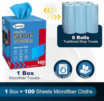 UNIMADE Shop Towels, 100 Sheets Microfiber Cleaning Cloth Commercial Grade Washcloths Lint-Free Bulk Shops Rags for Cars Mechanic Restaurant Garage Housekeeping, 11"x 9", Blue