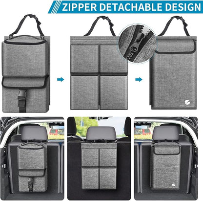 Car Trunk Organizer with Cooler, Hanging Organizers with Large Pockets, Zippers Detachable Seat Back Storage, Waterproof for Jeeps, SUVs, Grey