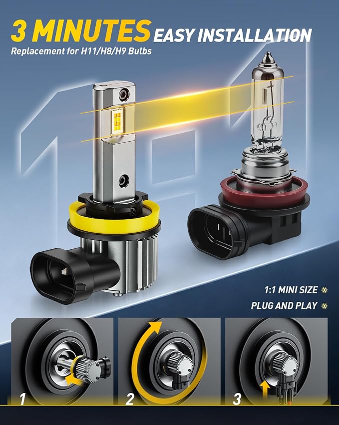 AUXITO H11 Switchback LED Bulbs, 80000LM 6500K White 3000K Yellow Dual Color H11 LED Bulb, 1:1 Mini Wireless Fog Light Bulbs, Fanless Copper Tube Cooling, No Beam Shift