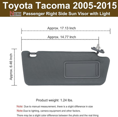 NHILES Passenger Right Side Sun Visor Replacement Fits for Toyota Tacoma 2005-2015 Sunshade with Light 7431004120B0 Color Dark Gray