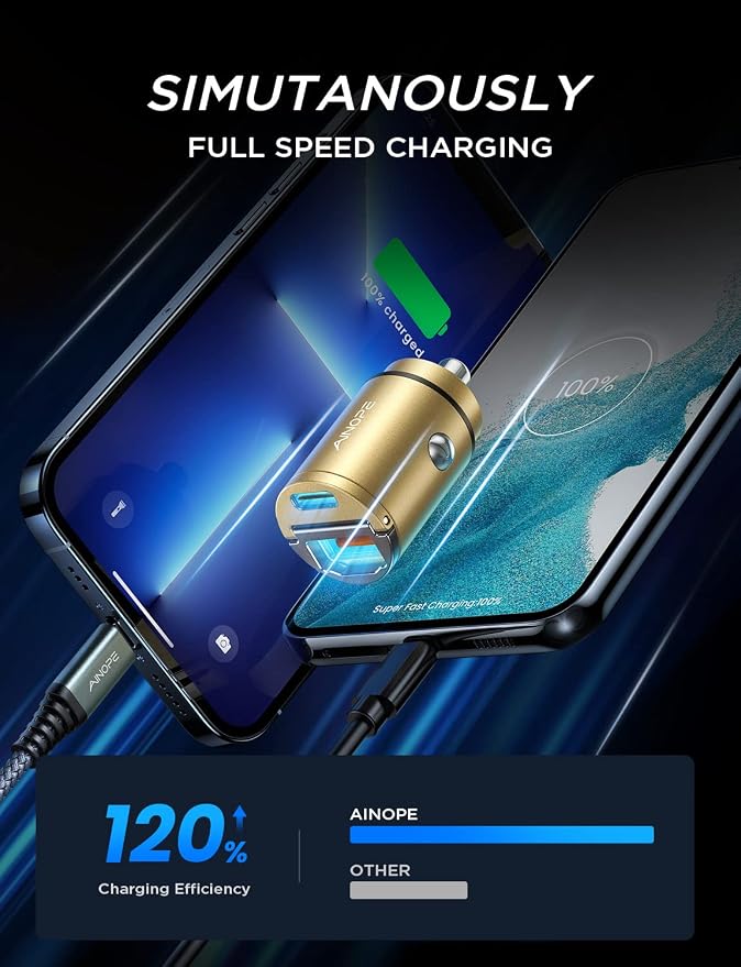 AINOPE 60W USB C Car Charger Fast Charging for iPhone 17 Pro Max Plus,[Smallest Metal] Car Charger USB C PD30+QC30W 3.0 Dual Port Cigarette Lighter Charger for iPhone 16 15 Samsung, Gold Kits