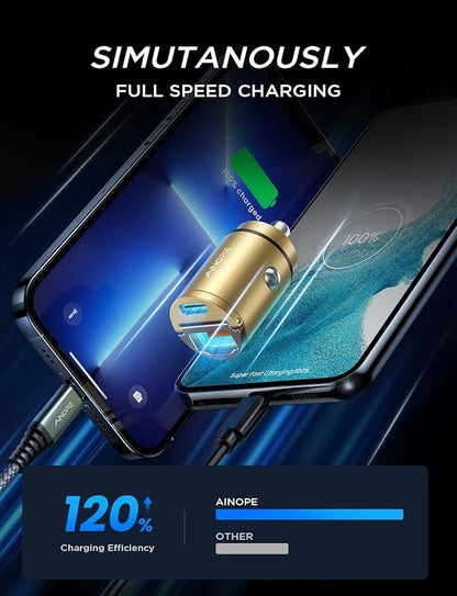 AINOPE 60W USB C Car Charger Fast Charging for iPhone 17 Pro Max Plus,[Smallest Metal] Car Charger USB C PD30+QC30W 3.0 Dual Port Cigarette Lighter Charger for iPhone 16 15 Samsung, Gold Kits