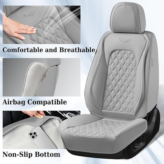 Coverado Full Set Car Seat Covers, Luxury Faux Leather Waterproof Seat Covers, Gray Car Seat Protectors, Universal Fit, Leather Seat Cushions for Cars-Gray