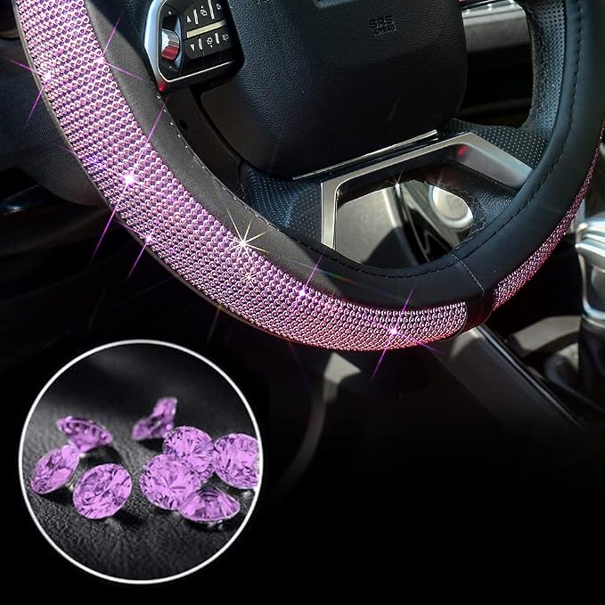 ChuLian New Diamond Leather Steering Wheel Cover with Bling Bling Crystal Rhinestones, Universal Fit 15 Inch Car Wheel Protector for Women Girls Purple Diamond