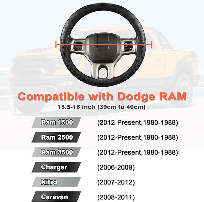 West Llama Customized Auto Car Steering Wheel Cover for Dodge RAM 1500 2500 3500, 15.5-16 inch (Black-Large Size)