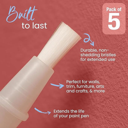Slobproof Replacement Brush Tips for Refillable Touch-Up Paint Pens, Mess-Free, Easy to Install, Tools for Paint Brushes, DIY Home Improvement, Wall, Furniture Repair, Arts and Crafts, Pack of 5