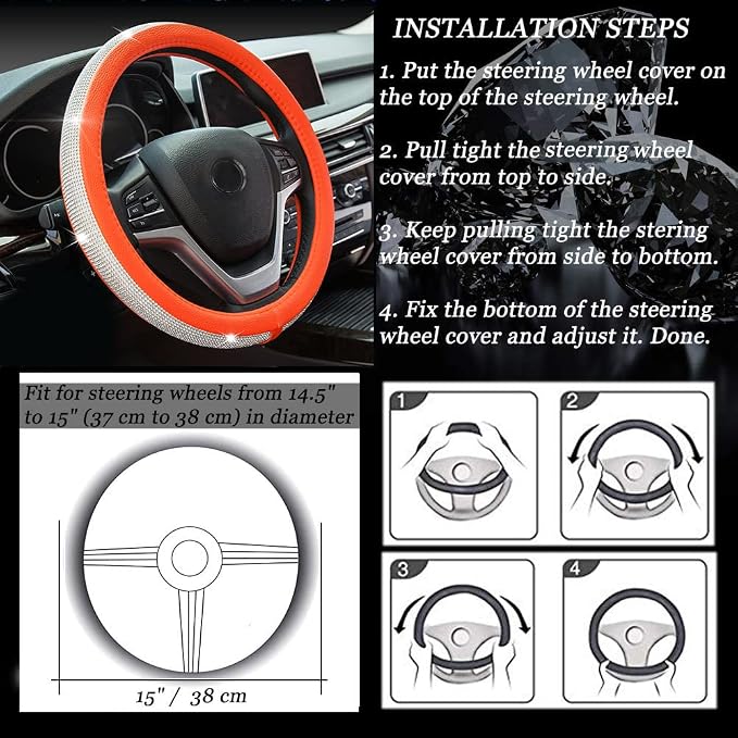 New Diamond Leather Steering Wheel Cover with Bling Bling Crystal Rhinestones, Universal Fit 15 Inch Car Wheel Protector for Women Girls Orange