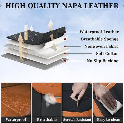 Coverado Car Seat Covers Full Set, Breathable Nappa Leather Seat Covers for Cars, Automotive Seat Covers, Waterproof Front and Back Car Seat Protector Universal Fit Most Cars(Brown&Black)