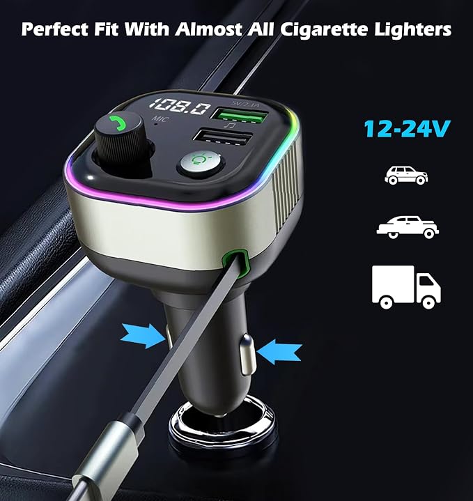 LIHAN Bluetooth 5.4 FM Transmitter for Car, 36W(12V)-65W(24V) Type C Retractable Cord Fast Charger, Wireless Audio Adapter with Hi-Fi Bass,Hands-Free Call,Music Player,Compatible with iPhone & Android