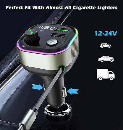 LIHAN Bluetooth 5.4 FM Transmitter for Car, 36W(12V)-65W(24V) Type C Retractable Cord Fast Charger, Wireless Audio Adapter with Hi-Fi Bass,Hands-Free Call,Music Player,Compatible with iPhone & Android
