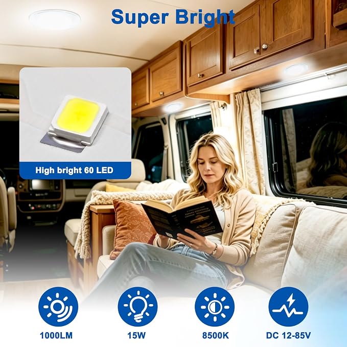 Linkstyle 12V RV Interior Lights: 4PCS LED Ceiling Dome Light, 60LEDs 1000LM Interior Lighting with Switch for Car Van Truck Auto Vehicle Boats, 8000K