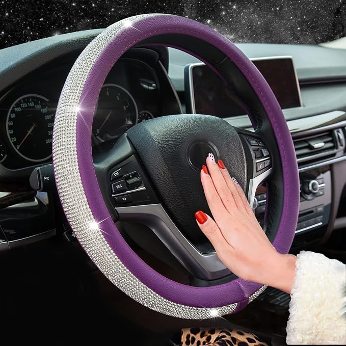 New Diamond Leather Steering Wheel Cover with Bling Bling Crystal Rhinestones, Universal Fit 15 Inch Car Wheel Protector for Women Girls Purple