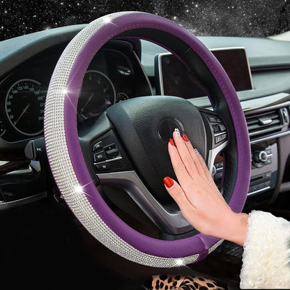 New Diamond Leather Steering Wheel Cover with Bling Bling Crystal Rhinestones, Universal Fit 15 Inch Car Wheel Protector for Women Girls Purple