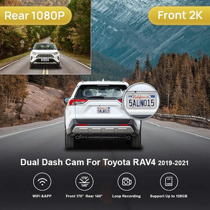 Fitcamx Front 2K+Rear 1080P Dash Cam Adapts for Toyota RAV4 2019-2021 (Model A, No Vents) & Prime Plug-in Hybrid, OEM Look, Dual HD Video, WiFi & APP, Loop Recording, G-Sensor, Easy to Use, 64GB Card
