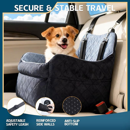 Dog Car Seat for Small Dogs, Elevated Pet Booster Seat with Safety Leash & Anti-Slip Base, Washable Dog Car Bed Travel Seat for Small Pets up to 30 lbs, Black & Gray