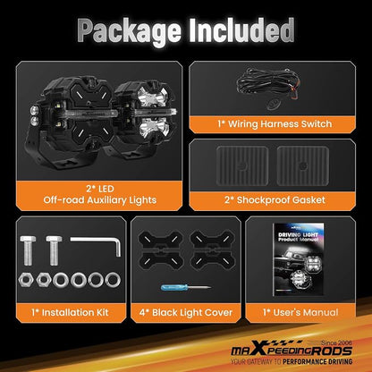 maXpeedingrods 2 X 3.5 Inch Off Road Lights 160W 19200LM, LED Light Bar with 270°Side Shooter,Amber/White DRL for Jeep Trucks SUV Pickup ATV Motorcycles, Spot Light with Black Covers
