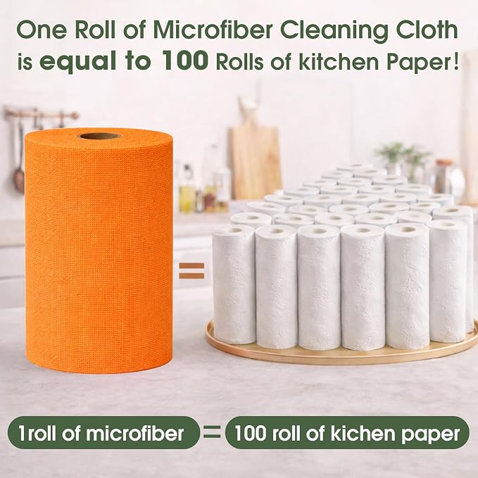 Microfiber Cleaning Cloth Roll–100 Pack, Tear Away Microfiber Towels, Reusable, Washable, Scratch-Free, Kitchen Towels for Car, Home, Kitchen, Glass, Dishes(Honey Orange)