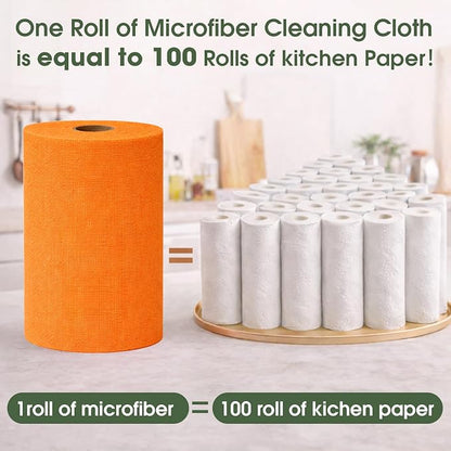 Microfiber Cleaning Cloth Roll–100 Pack, Tear Away Microfiber Towels, Reusable, Washable, Scratch-Free, Kitchen Towels for Car, Home, Kitchen, Glass, Dishes(Honey Orange)
