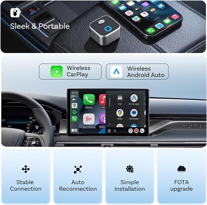 Wireless CarPlay & Android Auto Adapter Dongle, WiFi 6 Bluetooth 5.4 for Low Latency, Dual-Phone Memory with One-Tap Switching Button, Ultra-Compact Metal Design for Factory Wired Carplay Cars