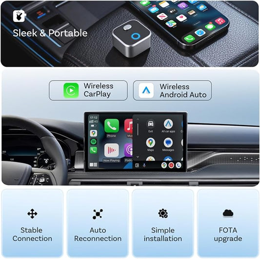 Wireless CarPlay & Android Auto Adapter Dongle, WiFi 6 Bluetooth 5.4 for Low Latency, Dual-Phone Memory with One-Tap Switching Button, Ultra-Compact Metal Design for Factory Wired Carplay Cars
