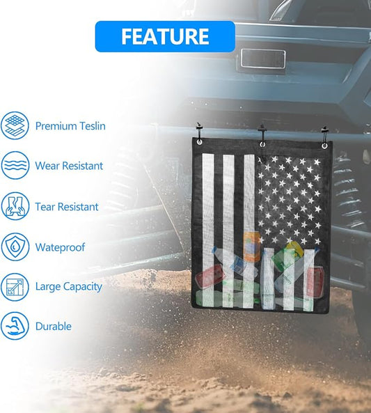 Universal Trash Sack ATV UTV Mesh Trash Bag Large Storage Bag Teslin Compatible with Polaris RZR, CFMOTO, Can-Am, Teryx, Arctic Cat, Golf Cart, Pioneer, Boat(American Flag Print)