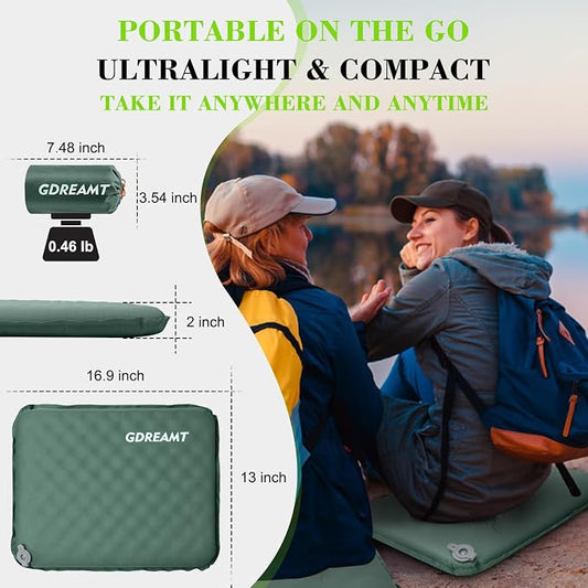 Inflatable Seat Cushion, Self-Inflating Memory Foam Stadium Seats Cushion Portable Camping Air-Foam Sitting Pad for Travel Airplane Car Bleachers Backpacking Office, Lightweight & Compact