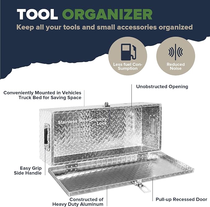 ARKSEN 30 x 13 x 10 Inch Diamond Plate Truck Bed Tool Box, Heavy Duty Waterproof Aluminum Toolboxes Storage Chest with Side Handle & Lock for Pickup Truck Bed, RV & Trailer – Silver