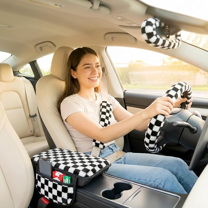 5 Pcs Fuzzy Black & Wihte Car Accessories Set, Soft Fluffy Plush Steering Wheel Cover, Center Console Armrest Pad & Rearview Mirror Cover - Interior Decorations for Women,Universal Fit (Check)