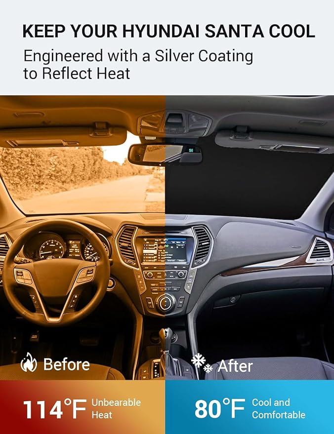 Proadsy 2026 Upgrade Windshield Sun Shade Custom Fit 2013-2018 Santa Foldable Front Sunshade Protector Sun Visor Blocks UV Rays Keep Car Cooler