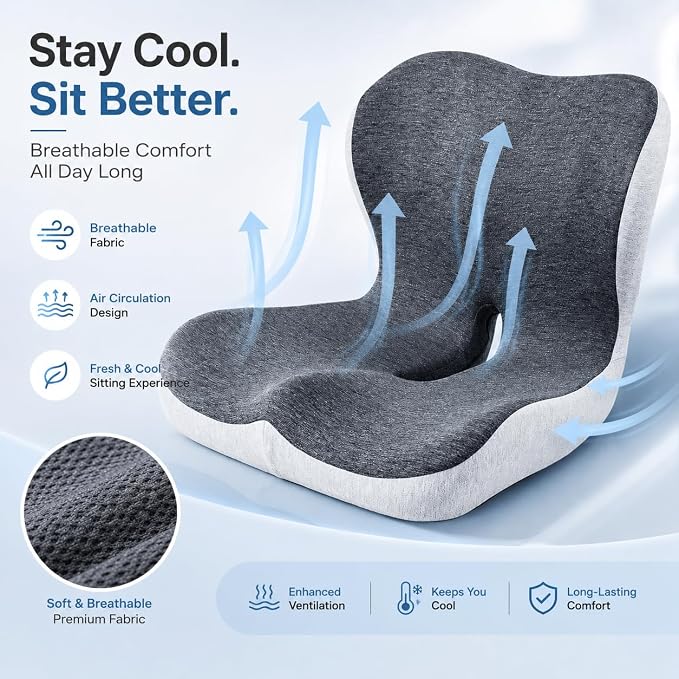 Cupocupa Memory Foam Seat Cushion, Ergonomic Orthopedic Pad with Adjustable Strap for Car Truck Office Chair, Lumbar Back Support & Sciatica Relief for Long Drives