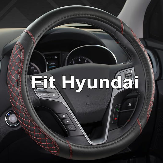 West Llama Customized Auto Car Steering Wheel Cover for Hyundai,Tucson,Sonata,Elantra,Santa Fe,Genesis,Sonata Hybrid,Azera,Venue,Kona, 14.5-15 inches(Diamond Quilted-Black+Red-Standard Size)
