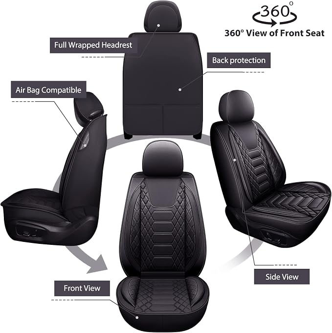 FREESOO Car Seat Covers Front Only 2pcs, Leather Driver Seat Cover Protector Airbag Compatible Universal Fit for Sedan SUV Pick-up Truck Van (Black 8-2PCS)